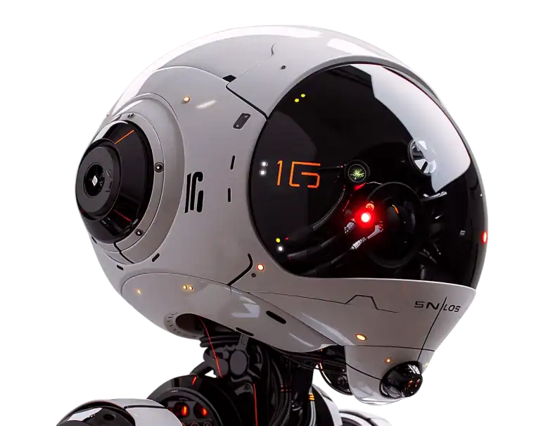 Futuristic robot head with advanced AI technology and sleek design.