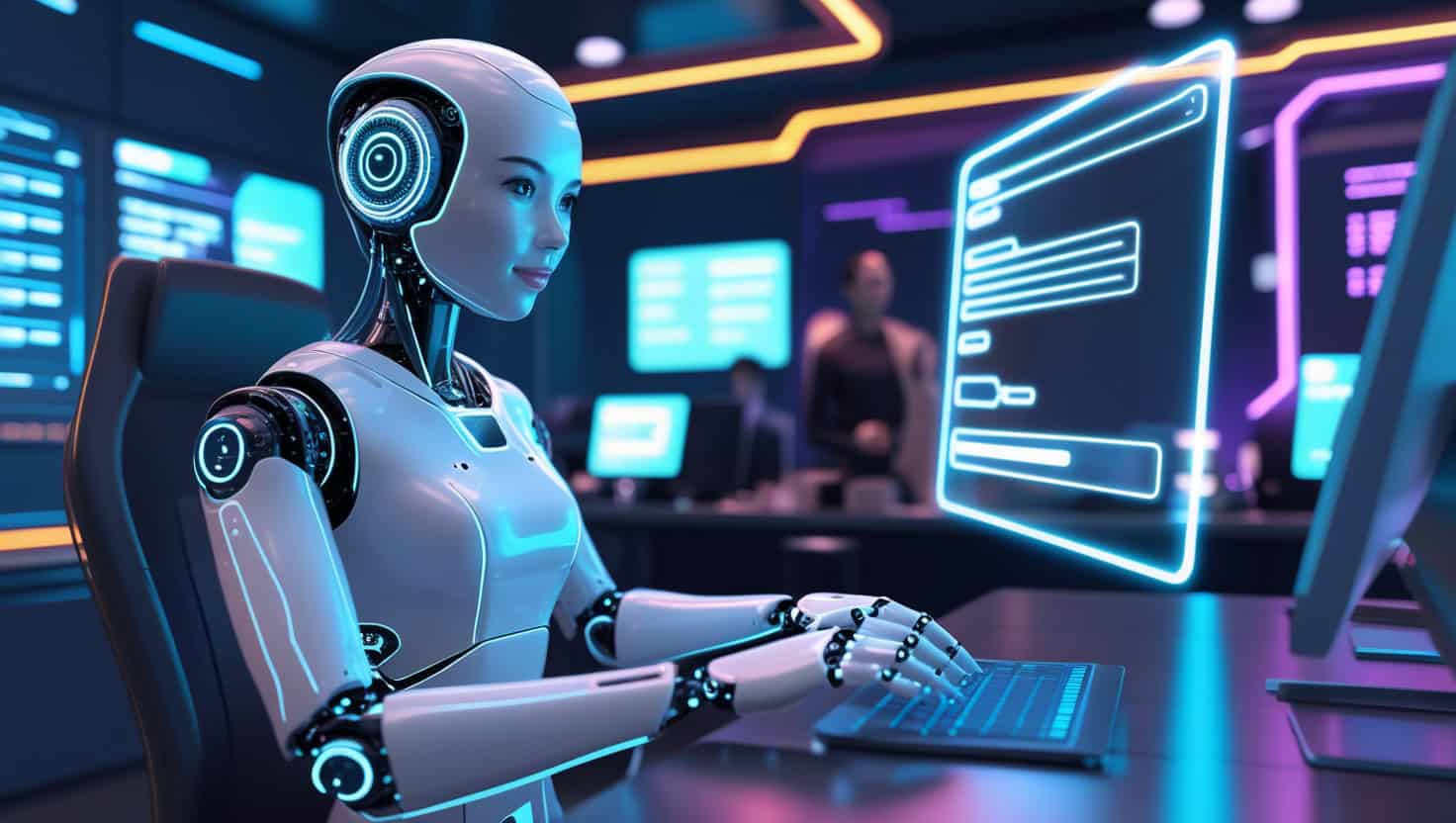 Advanced robotic AI assistant working on a futuristic computer in a high-tech lab.