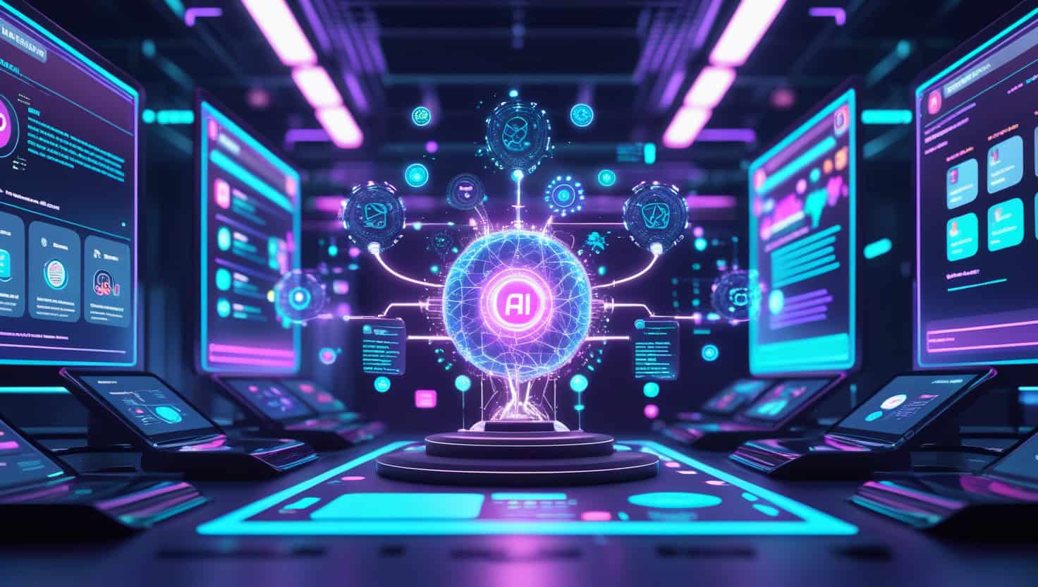 AI technology in a futuristic digital workspace with holographic interfaces.