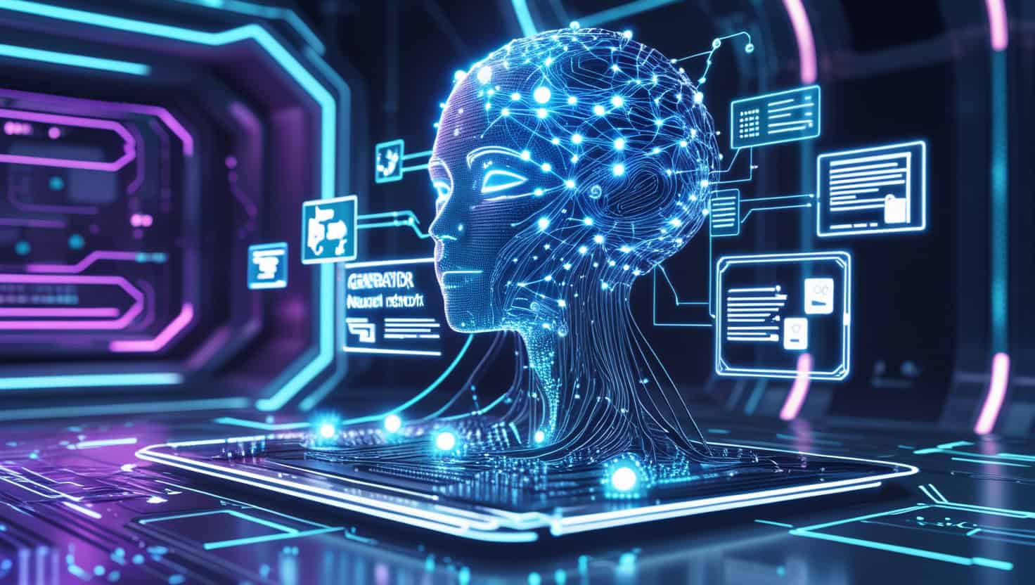 NeKu.AI digital AI technology with human-sized holographic head illustration for advanced machine learning.