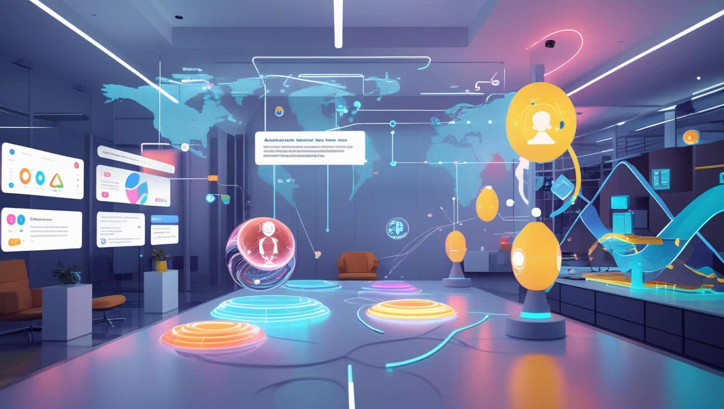 NeKu.AI futuristic AI technology conference room with holographic displays and digital world map.