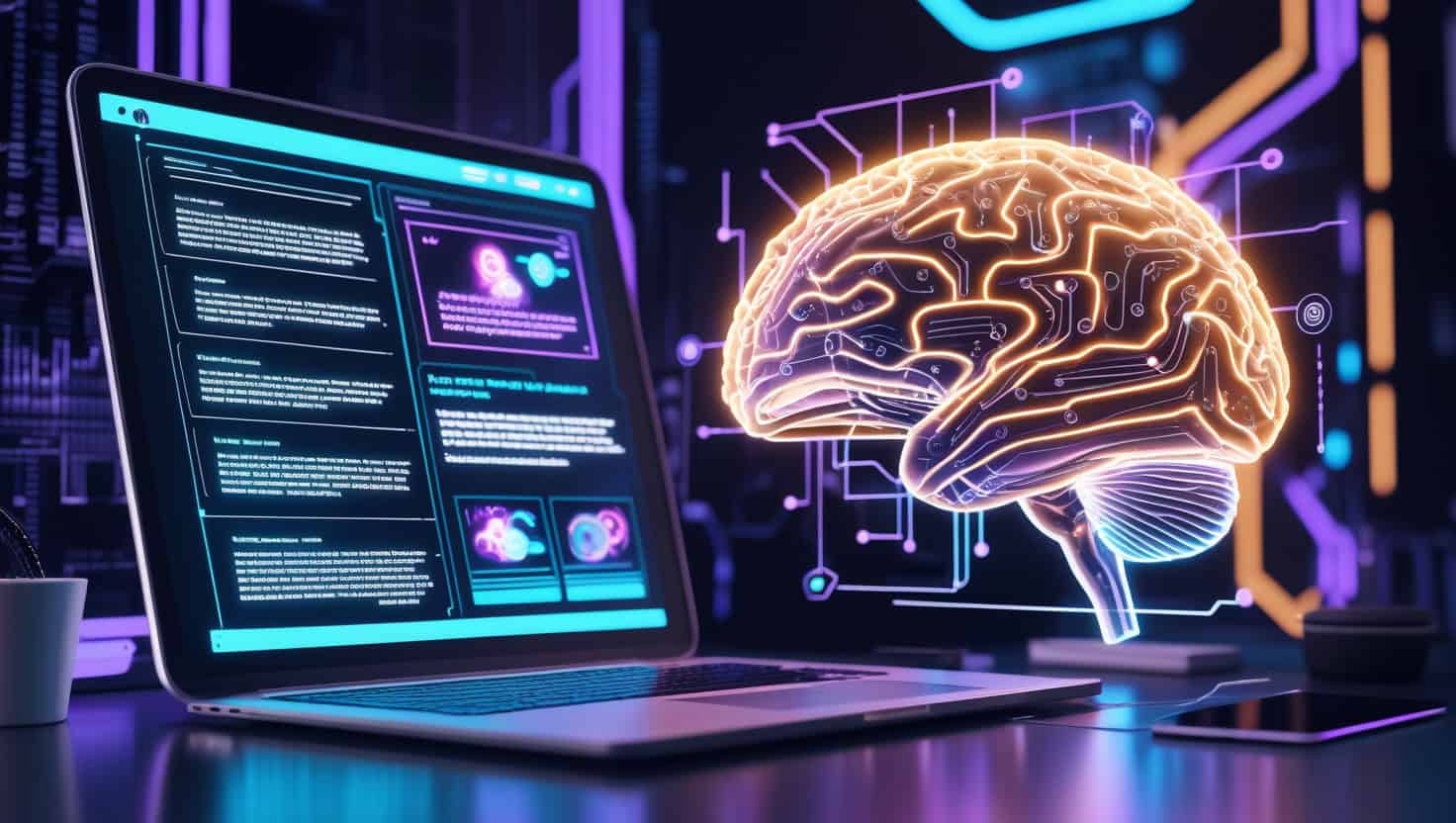 NeKu.AI innovative AI brain technology interface with futuristic digital graphics.