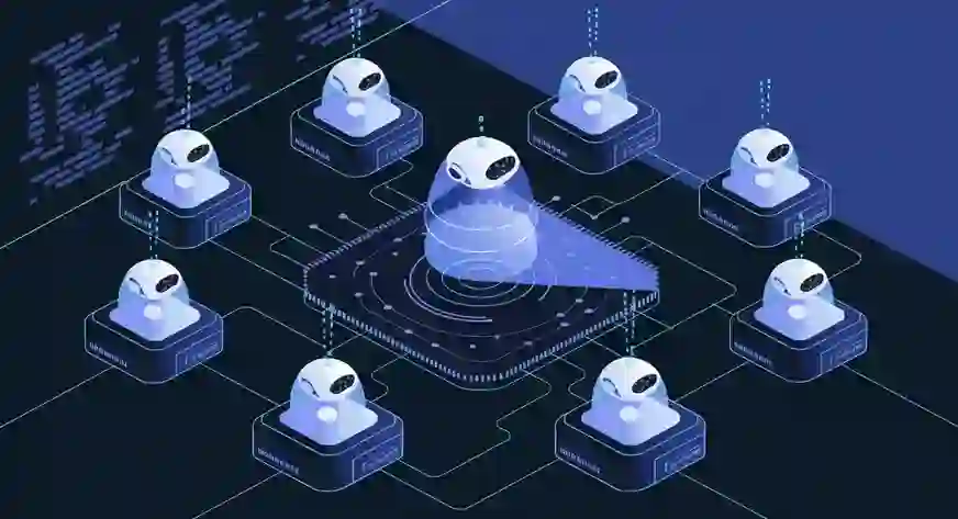 AI-powered robot network technology illustration, digital robotic devices interconnected for advanced automation.