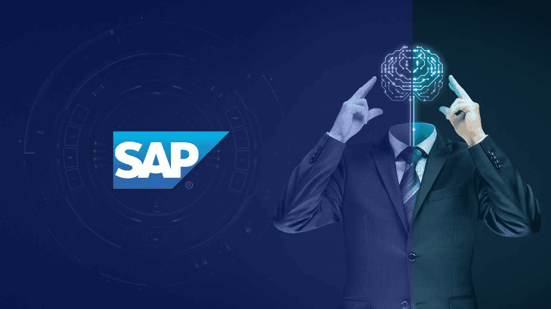 SAP logo with digital AI integration and futuristic business technology concepts.