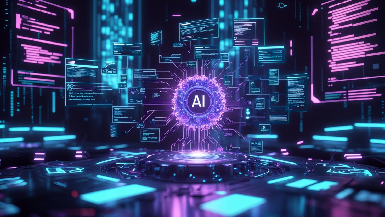 NeKu.AI futuristic AI technology with digital data interfaces and neural network visuals.