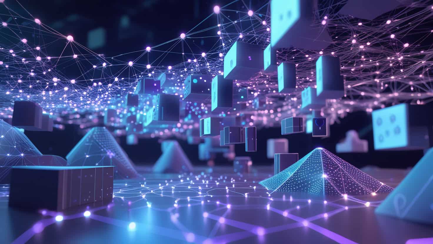 Futuristic digital data network with floating cubes and glowing interconnected nodes, representing AI technology and cloud computing.
