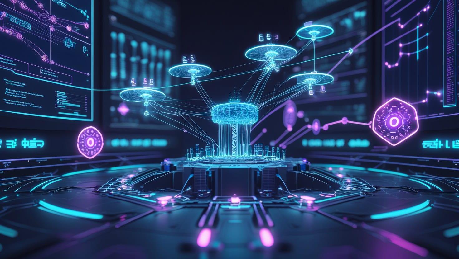 NeKu.AI digital neural network visualization with interconnected holographic nodes and futuristic data interfaces.