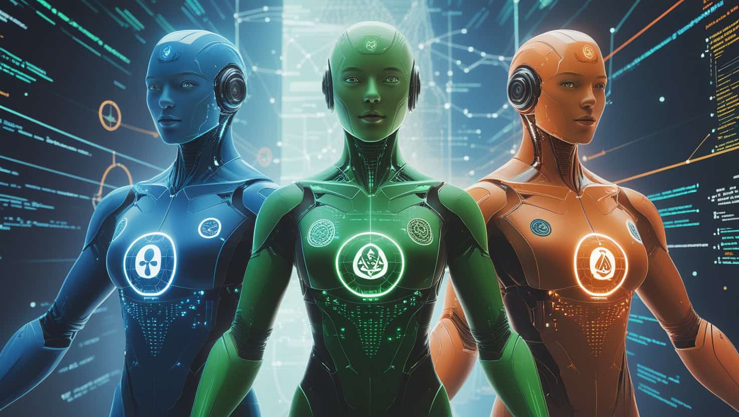 Female humanoid robots with futuristic design and glowing symbols, representing AI and robotics technology.