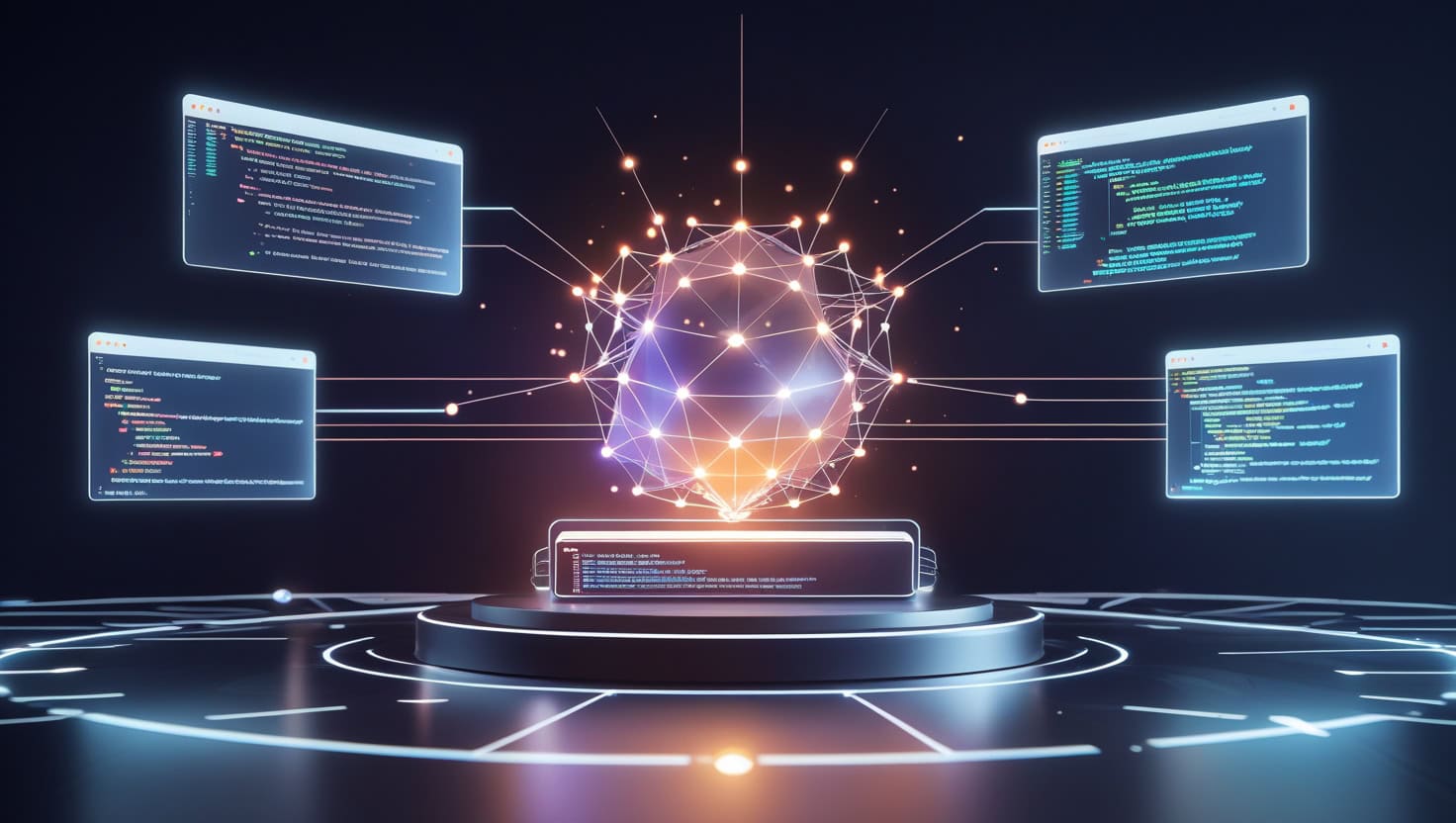 AI-powered digital network connecting code snippets and data analysis visualization.