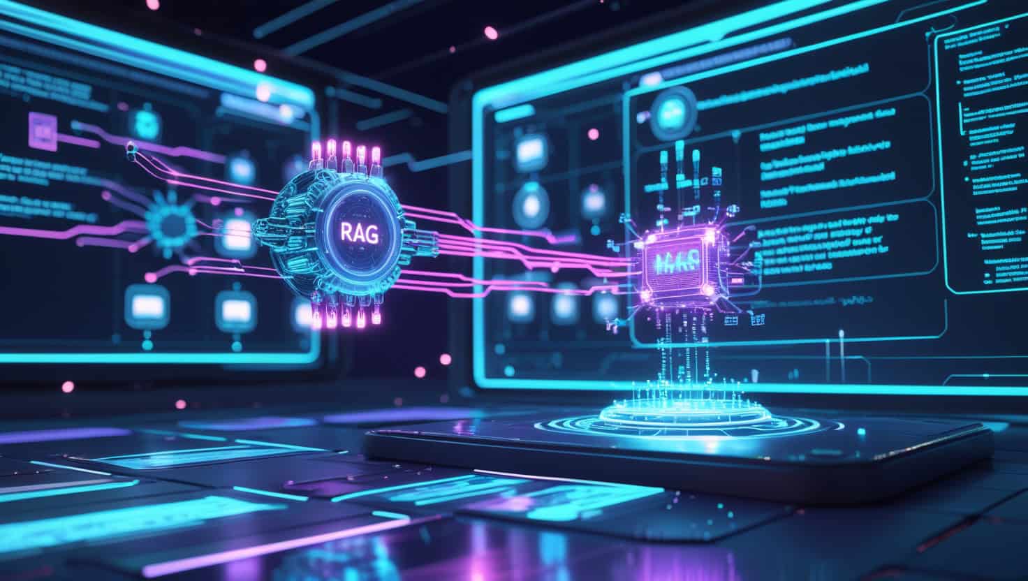 RAG technology illustration with digital neural network and data flow in a futuristic tech interface.
