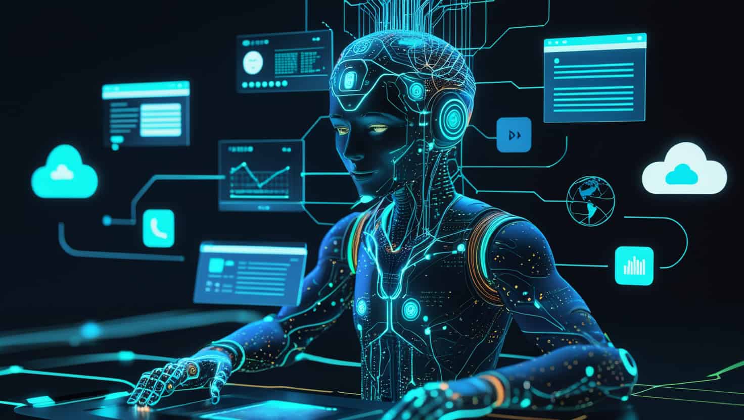AI-driven humanoid robot interacting with digital data in a futuristic virtual environment.