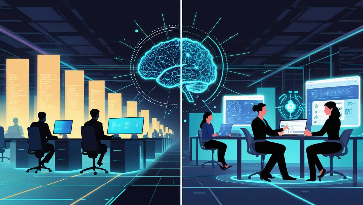 NeKu.AI digital workspace with AI-driven data analysis and collaborative team discussions in futuristic environment.